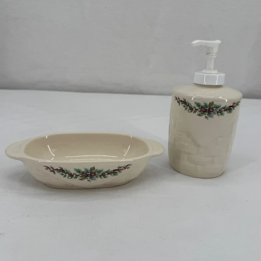 Vintage 90s Pfaltzgraff Holly Joy Basketweave Ceramic Soap Dispenser & Dish Set
